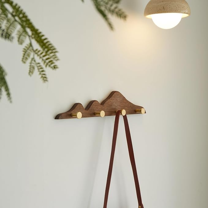 Elegant Wall Coat Rack with Hooks Walnut Wood Solid Coat Hanger Wall Mount with 4 Brass Hooks, Moisture-Resistant Wax Oil Finish for Home(Walnut, 4 Hooks)
