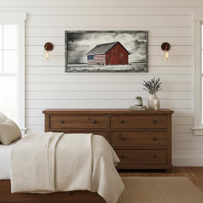 Farmhouse Wood Wall Art Picture: Living Room Framed Rustic Old Barn American Flag Painting Decor Bedroom Large Black White Country Rural Farm Scene Print Horizontal Patriotic Countryside Nature