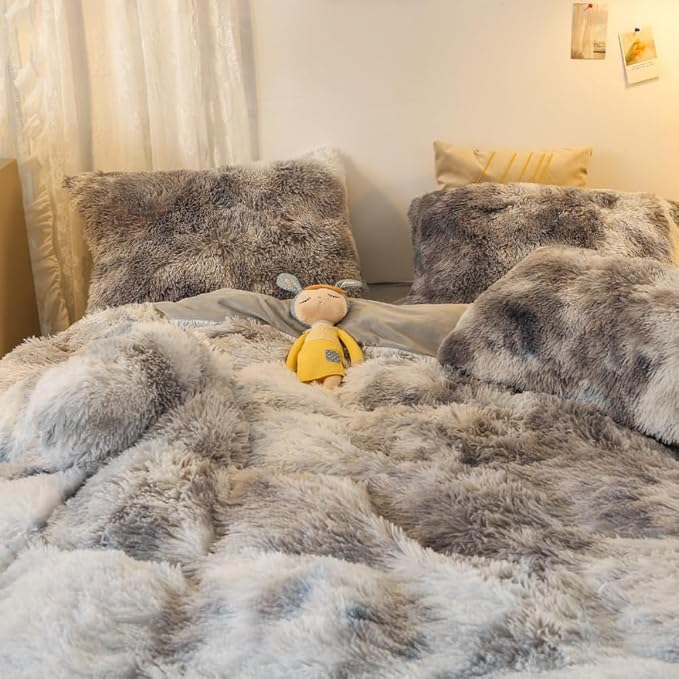 chovy Faux Fur Plush Tie-Dyed Black White Gray Colorful Comforter Sets Twin/Full Size - Ultra Soft Shaggy Flannel Velvet Fluffy Fuzzy 3PC Bedding Set (Comforter x 1 Pillowcases x 2)