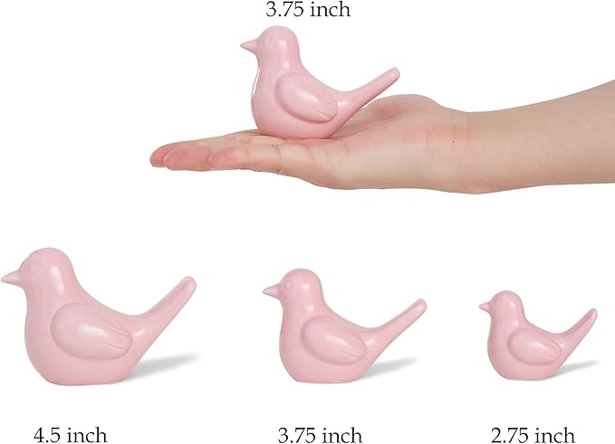 Small Pink Bird Statue Ceramic 2-Piece Set, 3¾ inch Cute Knick Knack for Home Office Shelf Desk Decor