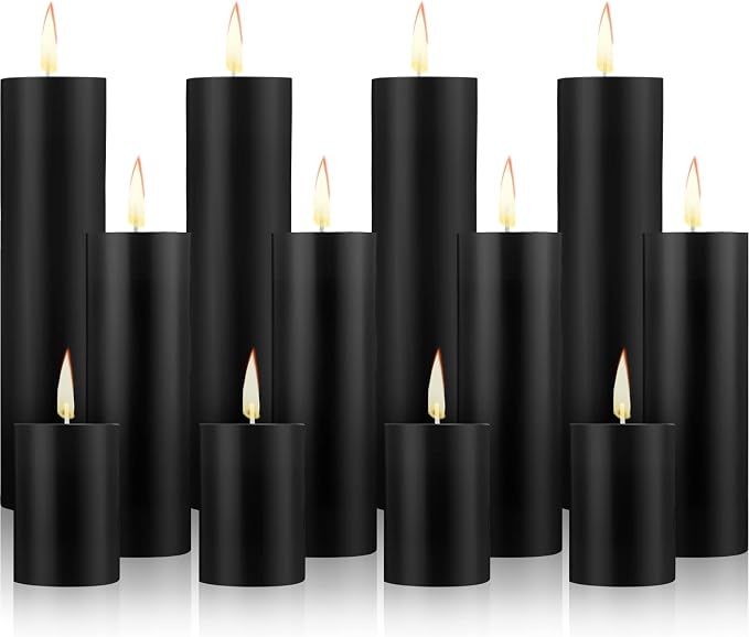 Lounsweer 12 Pcs Pillar Candles Bulk for Wedding Unscented Pillar Candles 3 Set 2 x 3/6/8 Inch Multi Size for Weddings Engagement Spa Home Party Events Ceremony(Black)