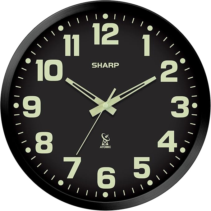 Sharp Glow in the Dark Atomic Analog Wall Clock - 12" Clock with Black Frame - Sets Automatically - Battery Operated - Easy to Read - Easy to Use – See Day or Night!