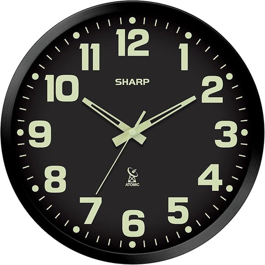 Sharp Glow in the Dark Atomic Analog Wall Clock - 12" Clock with Black Frame - Sets Automatically - Battery Operated - Easy to Read - Easy to Use – See Day or Night!