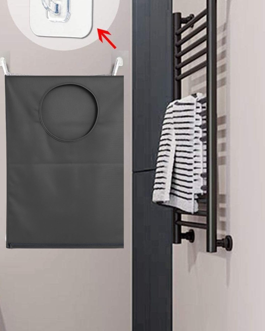 Hanging Laundry Hamper Bag – Space-Saving Dirty Clothes Storage with Free Adjustable Stainless Steel Over-the-Door Hooks & 2 Suction Cup Hooks – Ideal for bathrooms, bedrooms & dorms