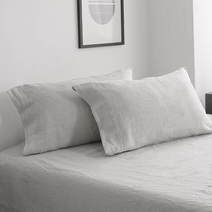 Simple&Opulence 100% French Linen Pillowcase King Size-Set of 2- Washed Solid Color Pillow Cases Embroidered -Soft and Durable (Grey, 20''x40'')