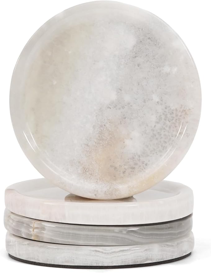 Marble Coasters Set of 4 Drink Coasters 4 Inches Cream Onyx Round Stone Coaster for Drinks, Mug, Glass, Ideal for Coffee Table Decor