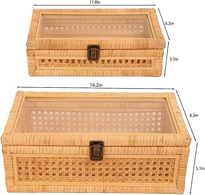 Extra Large Rattan Decorative Box With Lid, Glass Display, Wooden frame，Large size and Rectangular, Set of 2 Woven Decorative Boxes