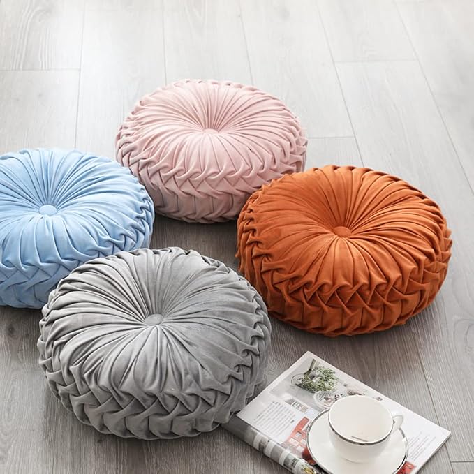 NatureMan 13.7 inch Round Sofa Cushion Pure Color Velvet Home Decor, Pleated Round Cushion, Pumpkin Pillow Suitable for Home Bed car Decoration (Orange)