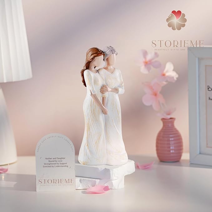Storieme Mom Birthday Gifts from Daughter: 7.7" Hand-Painted Mother Daughter Resin Figurine Statue - Sentimental Mothers Day Home Shelf Decor for Women