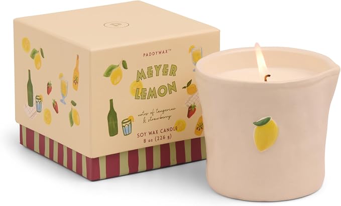 Paddywax Bistro Hand Painted Scented Candle in Ceramic Reusable Food-Safe Jar with Gift Box, Soy Candle with Approx. 56 Hour Burn Time, Meyer Lemon, 8 oz