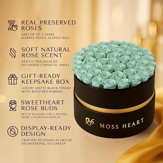 50 Petite Preserved Roses, Designer Round Box, Real Forever Roses Last 1+ Year, Premium Gift for Women, Wife, Girlfriend, Mother’s Day, Birthday, Anniversary, Valentine’s Day