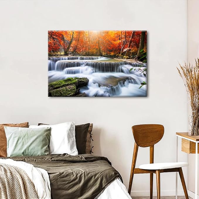 National Park Landscape Wall Art Colorful Maple Trees Wall Decor Country Waterfall Painting Canvas Prints Autumn Scenery Pictures Vintage Artwork for Living Room Office Bathroom Home Decoration 24x36"