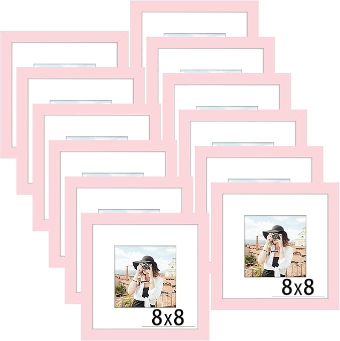 Picrit 8x8 Picture Frame Set of 12, Display 5x5 with Mat or 8 x 8 without Mat, Photo Frames for Wall Mounting or Table Top Display, Pink