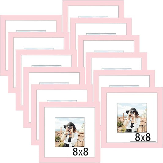 Picrit 8x8 Picture Frame Set of 12, Display 5x5 with Mat or 8 x 8 without Mat, Photo Frames for Wall Mounting or Table Top Display, Pink
