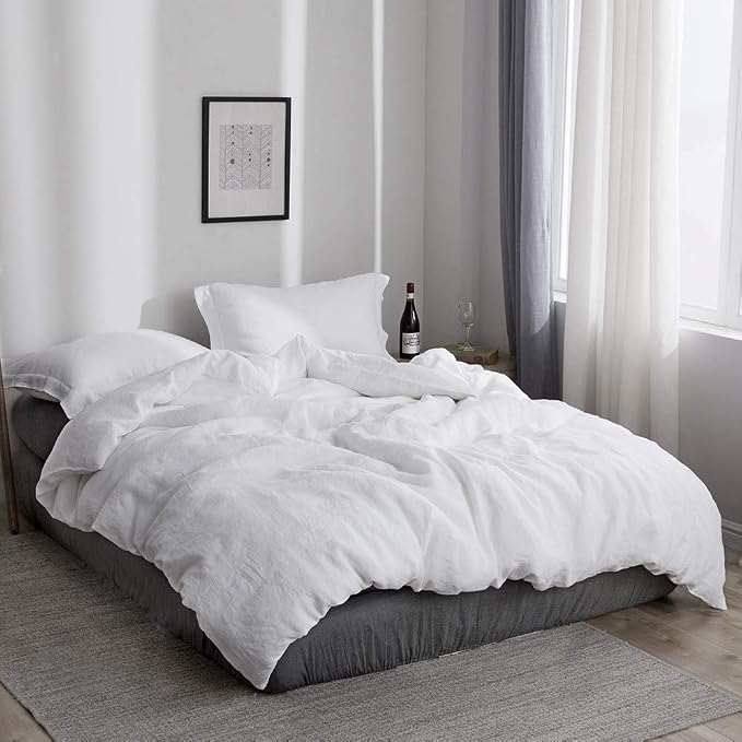 Simple&Opulence 100% Linen Duvet Cover Set 3pcs Basic Style Natural French Washed Flax Solid Color Soft Breathable Farmhouse Bedding with Button Closure - White, King