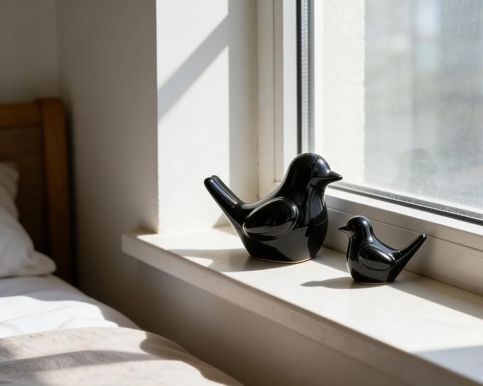 Small Black Bird Statue Ceramic 2-Piece Set, 3¾ inch Cute Knick Knack for Home Office Shelf Desk Decor