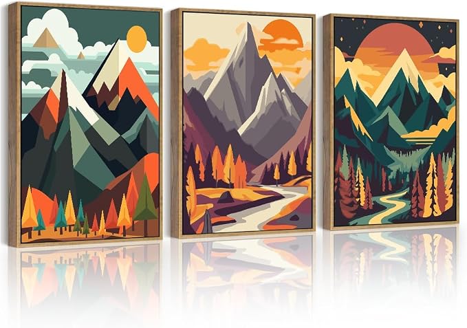 PHOPAGO Mountain Framed Wall Art Forest Wall Decor Nature Landscape Art Prints for Living Room Kitchen Decor - 11x14in Natural Framed