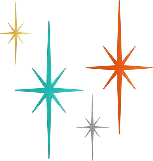 4 Pack Metal Star Wall Art 8 Pointed Starburst Wall Decor Set with 2 Large & 2 Small Pieces Mid Century Celestial Metal Wall Sculpture for Bedroom Living Room Office Gallery Wall