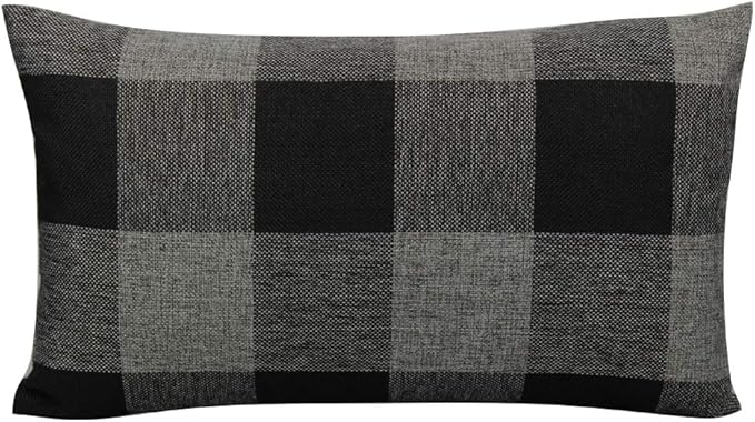VAKADO 12x20 Inch Pack of 2 Farmhouse Retro Check Plaids Lumbar Throw Pillow Covers Decorative Rectangle Cushion Cases for Sofa Couch Car, Black Grey/Gray