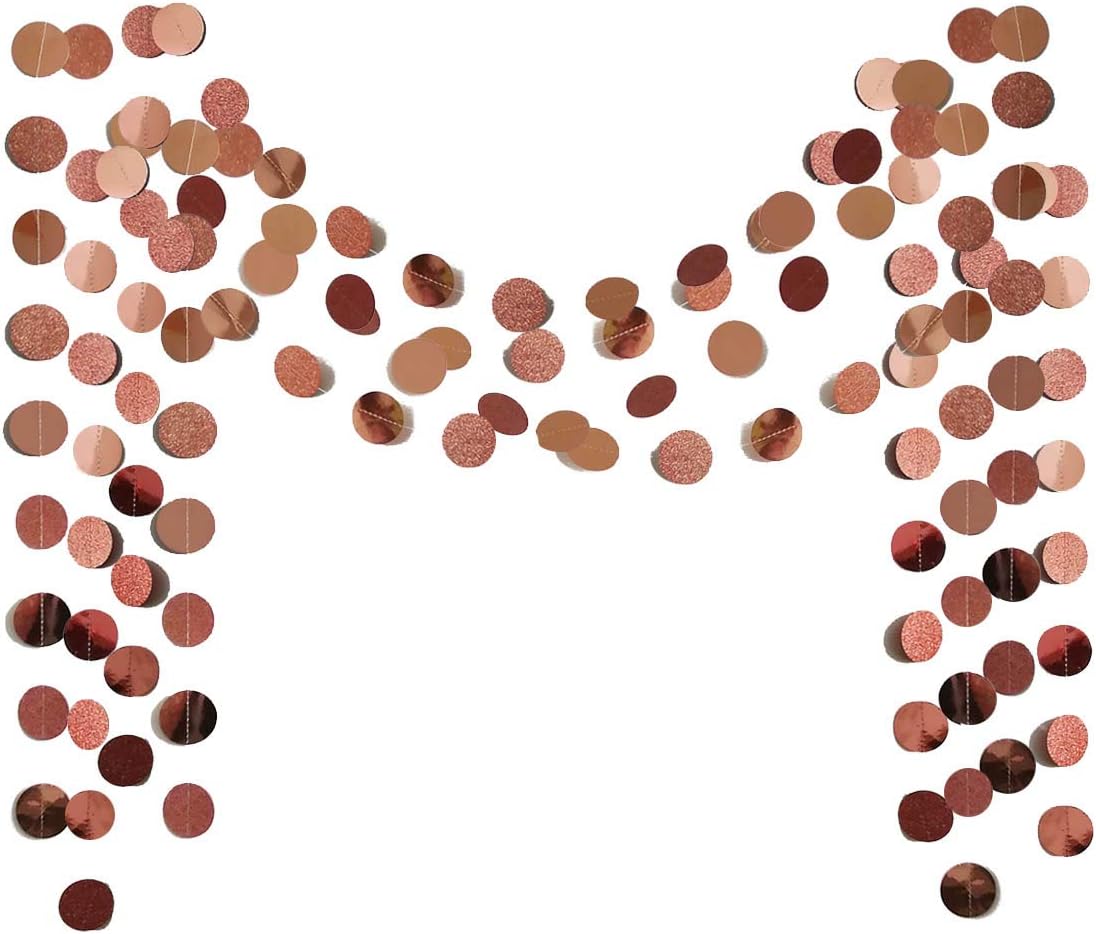 6 Pcs Glitter Rose Gold Paper Circle Dots Garland Party Hanging Decorations Bachelorette Party Engagement Party Bridal Shower Wedding Baby Shower Birthday Party Supplies Cute Photo Backdrop (52 Feet)