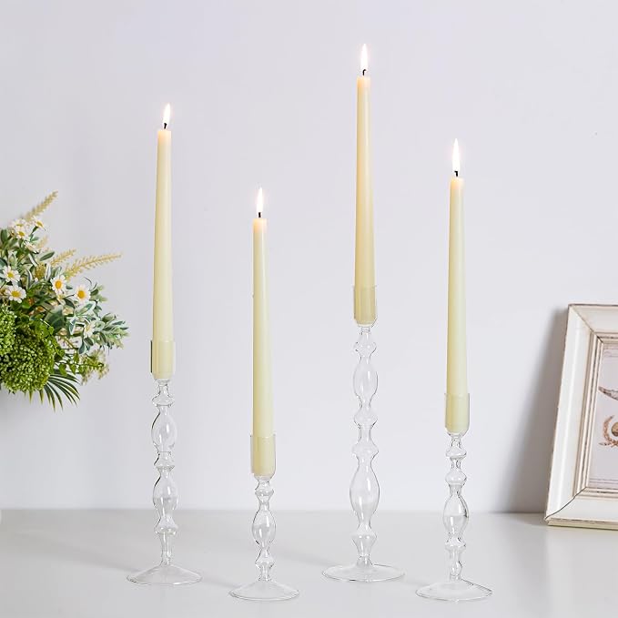 Hewory Glass Candle Holder Set: 4PCS Clear Glass Candlestick Holders Vintage Taper Candle Holders for Candlesticks, Unique Candle Sticks Holder Decor for Table Dinner Festival Events Decorations