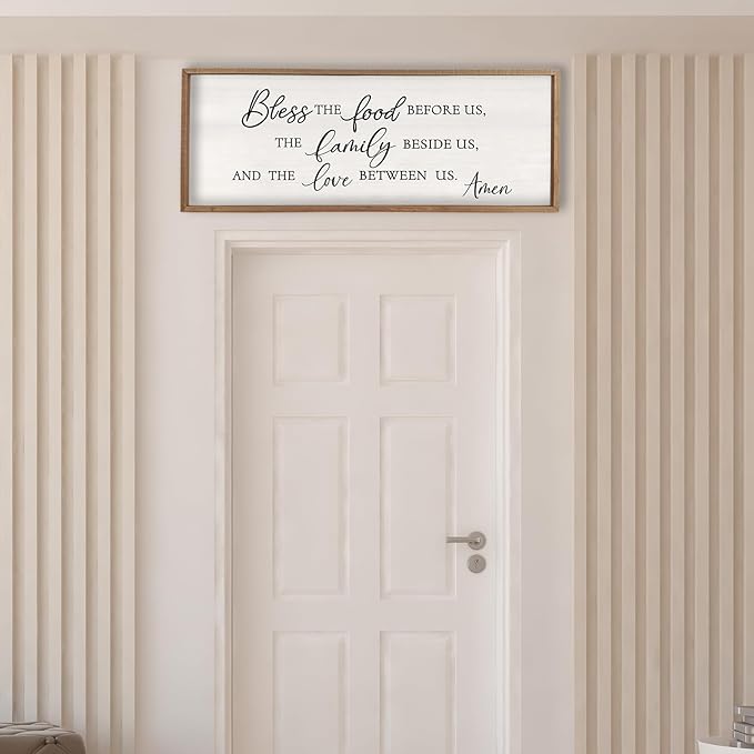Surfapans Bless the Food Before Us Wall Decor, 32"X12" Farmhouse Dining Room Family Kitchen Sign, Christian Bible Verse Scripture Vintage Home Framed Wood Wall Art (Wood White)