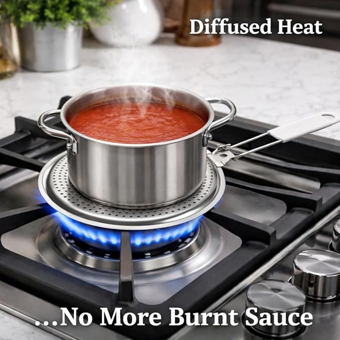 HIC Kitchen Heat Diffuser Reducer Flame Guard With Removable Handle, Stainless Steel, Distributes Heat Evenly And Reduces Scorching, For Gas Electric Glass Stovetops, 8.25-Inch, Set of 2