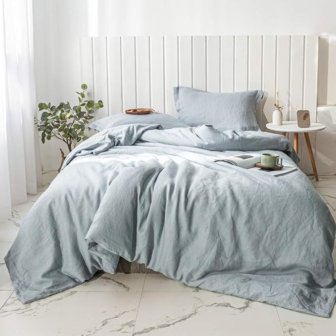 Simple&Opulence 100% Linen Duvet Cover Set 3pcs Basic Style Natural French Washed Flax Solid Color Soft Breathable Farmhouse Bedding with Button Closure - Dusty Blue, Queen
