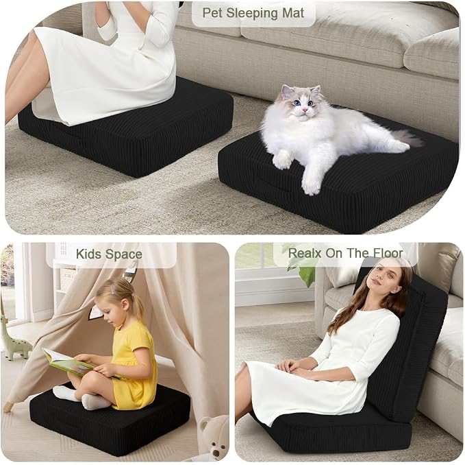 Floor Pillow for Adults Set of 2, 4" Square Floor Cushions with Washable Cover, Large Corduroy Meditation Pillow, 22 inches Tatami Seat with Handle for Living Room or Yoga, Black