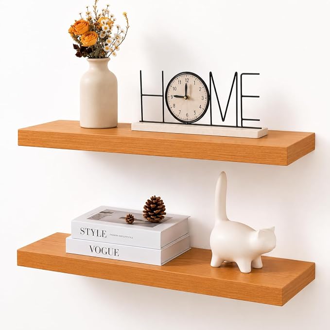 Axeman 24 Inch Floating Shelves for Wall, 9.3" Deep High End Solid Real Wood Wall Shelves with Heavy Duty Invisible Bracket for Living Room, Bedroom, Kitchen, Bathroom, Set of 2, Natural