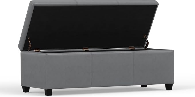 SIMPLIHOME Avalon Storage Ottoman Bench - 48" Wide x 16" High Upholstered Vegan Leather Rectangular Lift-Top Ottoman in Stone Grey, Contemporary Storage Bench for Living Room with High-Density Foam