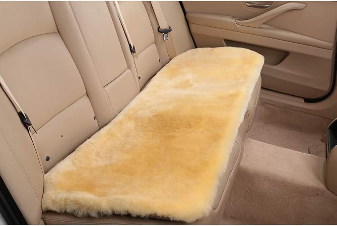 OGLAND Fuzzy Genuine Sheepskin Car Rear Seat Cover for Kids Dogs Pets Auto Bench Back Cushion Interior Accessories with Soft Fluffy Wool Natural Fur, Golden Yellow