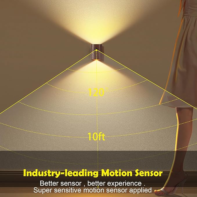 LANDGOO 2-Pack Wood Step Light with Motion Sensor, Rechargeable Stair Night Light Set, Sapele Wood 2700K Warm White LED Wall Lamps, Easy No-Wire Installation for Hallway Bedroom Staircase