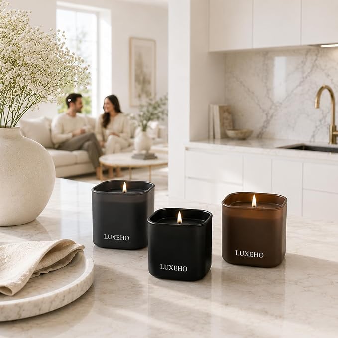 Luxury Scented Candle Set 3-Pack | Home Decor & Giftable Soy Candles | Champagne, Sandalwood & Amber | 75h Burn Time | Cotton Wick | Elegant Decorative Jars