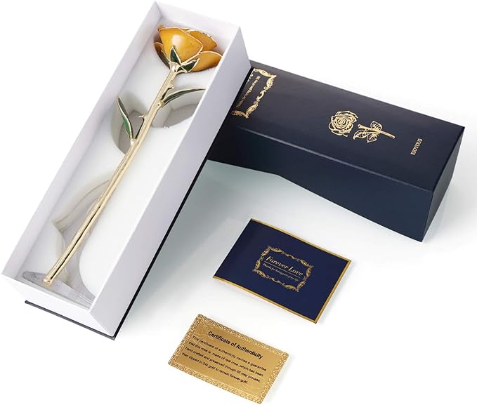 Ejoyous 24K Gold Dipped Real Rose w/Rose Stand Forever Blooming Yellow Golden Rose Her on Christmas Birthday Proposal Valentines Day Wedding Anniversary, Yellow with Stand