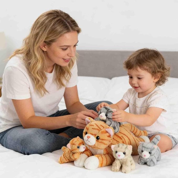 5 PCS Cat Stuffed Animal with Babies, Mommy Stuffed Orange Cat Toy with 4 Plush Kittens Inside Belly, Stuffed Kitty Plushies Toys for Kids Easter Stuffers Birthday Christmas Party Favors Gifts
