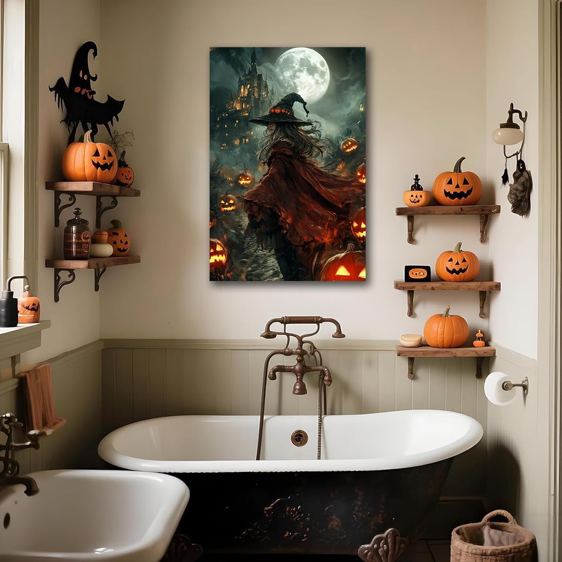 Dark and Moody Gothic Witch Poster Wall Art,Vintage Rustic Witch in Cloak with Castle Pumpkin Road Dark Gothic Poster,Goth Spooky Season Halloween Prints for Fantasy Office,8"x12" Framed
