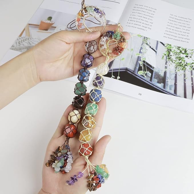 Anjiucc 7 Chakra Stone Healing Crystal Tree of Life Wall Hanging Home Interior Decoration，Window Decoration，Yoga Meditation