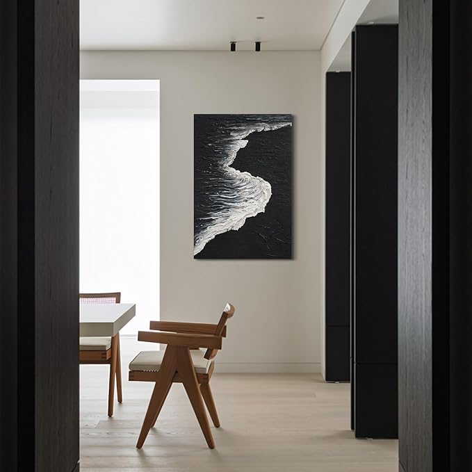 Abstract Black & White Ocean Wave Wall Art, Vertical Textured Oil Painting | Hand-Painted Modern Minimalist Artwork for Living Room Bedroom Office, Large Coastal Wall Decor Inspired by Shoreline Rhythm