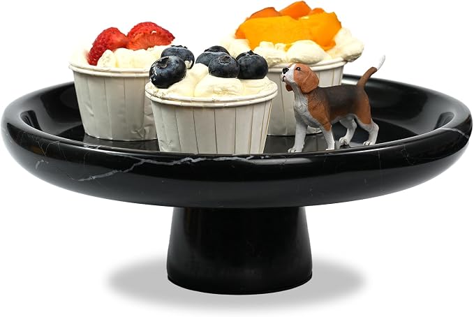 Marble Fruit Bowl for Kitchen - 9.9" Black Decorative Stone Pedestal Bowls for Home Decor, Footed Fruits Holder For Dining Table Counter Organization