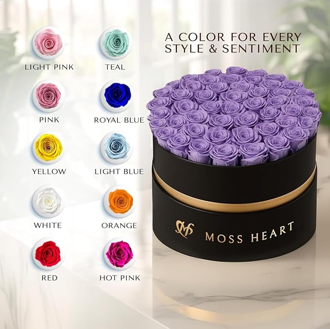 50 Petite Preserved Roses, Designer Round Box, Real Forever Roses Last 1+ Year, Premium Gift for Women, Wife, Girlfriend, Mother’s Day, Birthday, Anniversary, Valentine’s Day