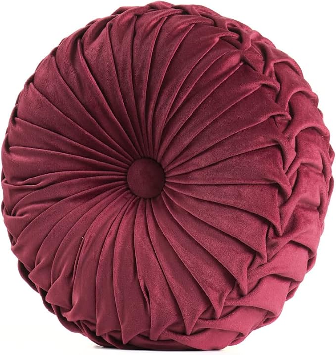 MOJUN Round Velvet Throw Pillow - Pleated Filled Cushion for Home Decor, Couch, Chair, Bed, Car Floor (Red, 14inch)