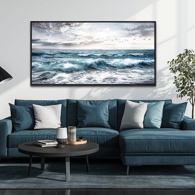 QIYILEXWART Black Framed Canvas Wall Art For Living Room Large Wall Decor For Office Bedroom Decoration Modern Watercolour Picture Ocean Waves Painting Artwork Room Ready To Hang