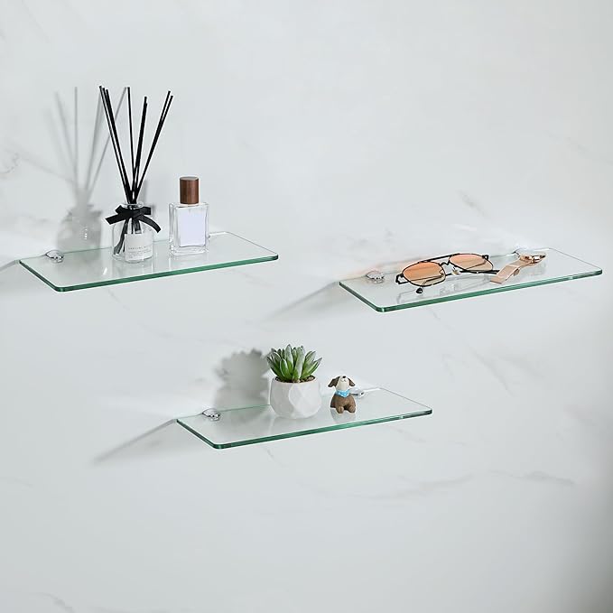 SAYAYO Glass Floating Shelves for Wall, Tempered Glass Shelves for Bathroom, Living Room, Bedroom, Office, Toilet, Kitchen Decor, 12Inch Set of 3, Clear
