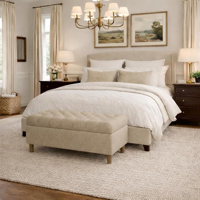 HomePop 40" Ainsley Button Tufted Storage Bench - Light Tan Textured Solid