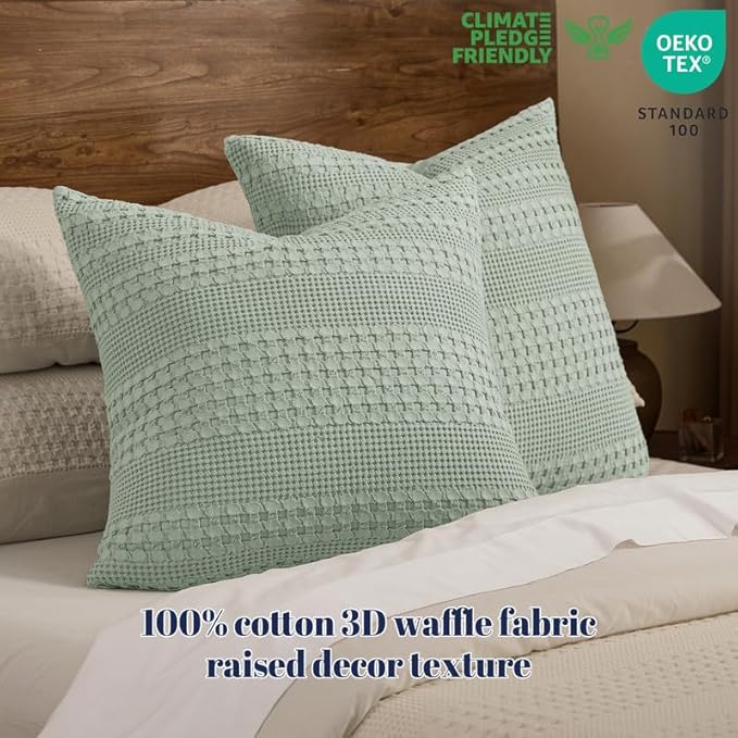 PHF 100% Cotton Waffle Weave Euro Sham Covers, 2 Pack 26" x 26" Bed Pillow Covers for Elegant Home Decor, No Filling, Luxury Aesthetic Soft Euro Pillow Cases for Bed, Mint Green
