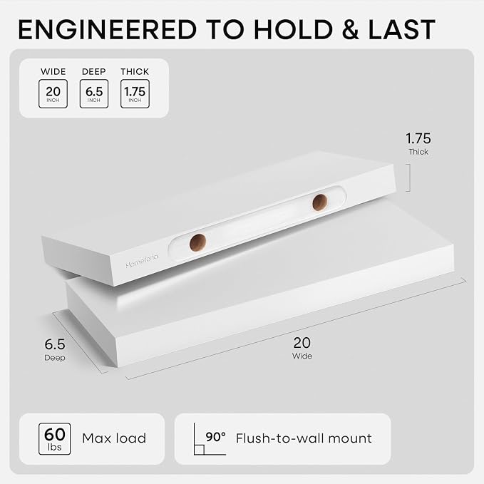 Homeforia White Floating Shelf 20 inch, High End Solid Real Wood 20inch Bathroom Floating Shelves for Wall Mounted, White Wooden 20in Floating Shelves, Heavy Duty Bracket, 20 X 6.5 X 1.75 in, Set of 4