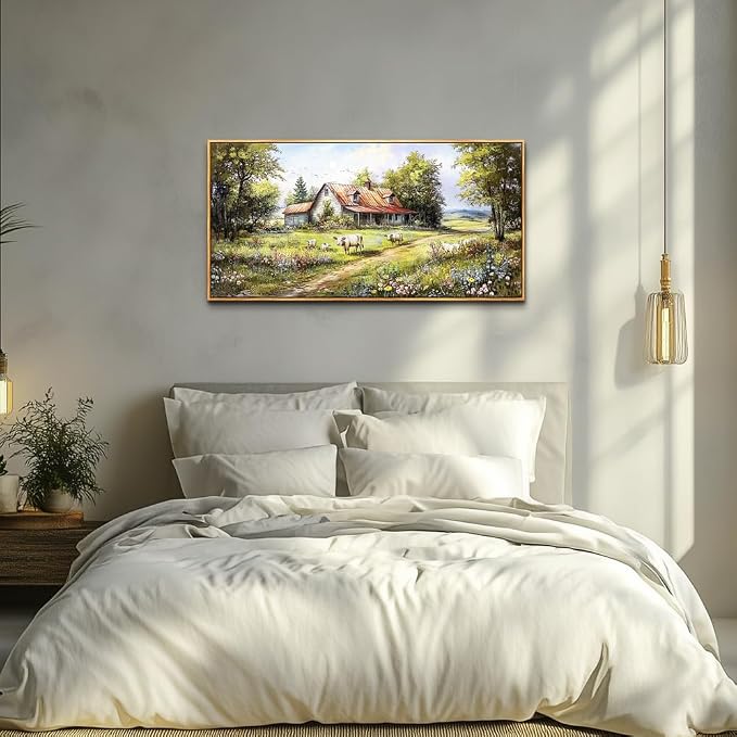 QIYILEXWART Wood Framed Canvas Wall Art For Living Room Wall Decor For Bedroom Office Wall Decoration Forest Lodge Painting Farmhouse Watercolour Pictures Artwork Room Aesthetic Home Decor