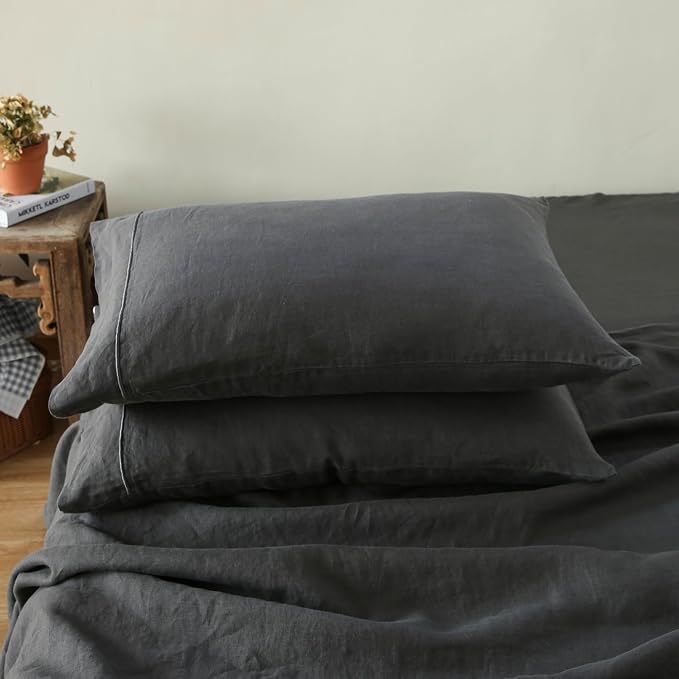 Simple&Opulence 100% French Linen Pillowcase King Size-Set of 2- Washed Solid Color Pillow Cases Embroidered -Soft and Durable (Dark Grey, 20''x40'')
