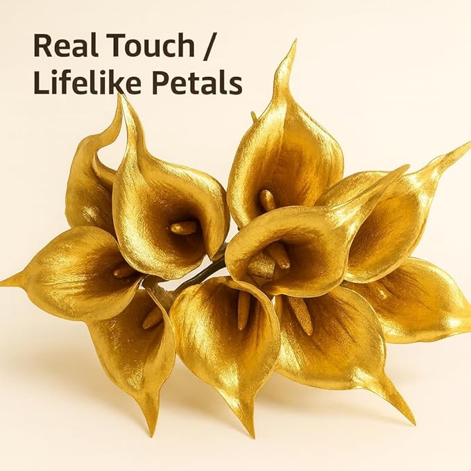 Floral Kingdom 20 Pack 14" Calla Lily Artificial Flowers, Real Touch 18k Gold Colored Faux Flowers for Home Decor, Table Centerpieces, Living Room & Weddings